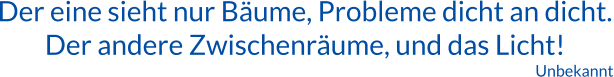 Der eine sieht nur Bäume, Probleme dicht an dicht. Der andere Zwischenräume, und das Licht! Unbekannt