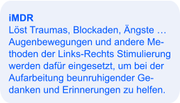 iMDR Löst Traumas, Blockaden, Ängste … Augenbewegungen und andere Me- thoden der Links-Rechts Stimulierung werden dafür eingesetzt, um bei der Aufarbeitung beunruhigender Ge- danken und Erinnerungen zu helfen.