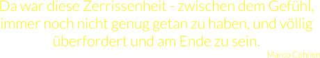 Da war diese Zerrissenheit - zwischen dem Gefühl, immer noch nicht genug getan zu haben, und völlig überfordert und am Ende zu sein. Marco Cohnen